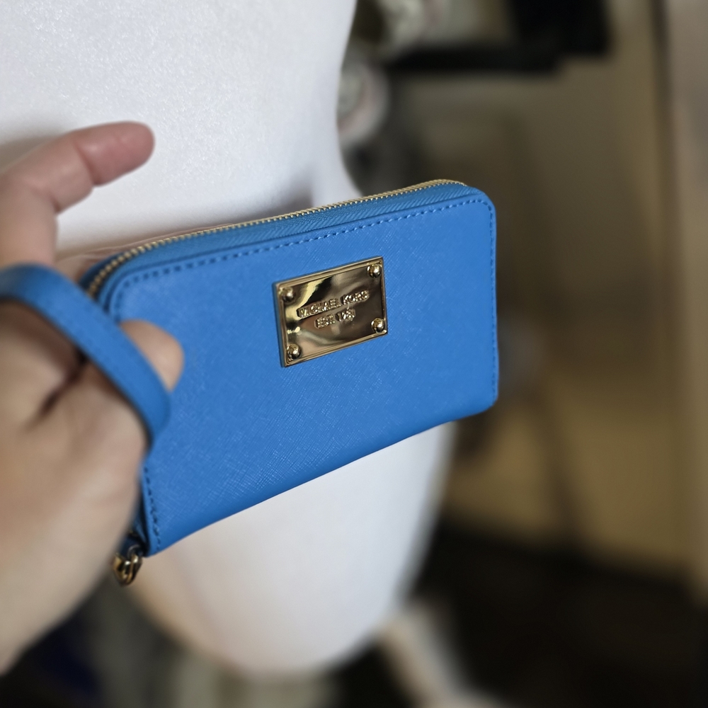Michael Kors Turquoise Blue Saffiano Wristlet with Gold Plate